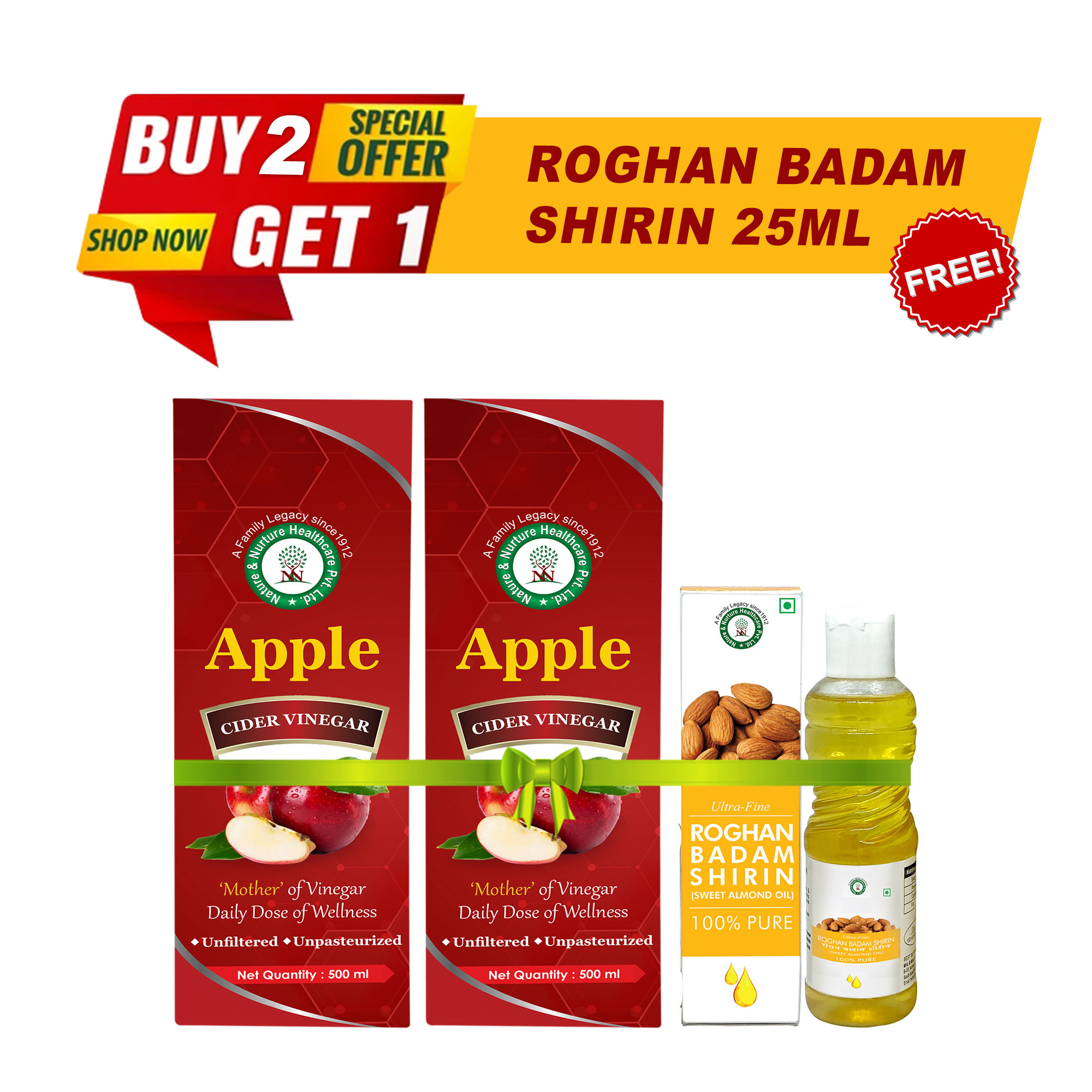 BUY 2 APPLE CIDER VINEGAR GET 1 BADAM OIL 25 ML FREE