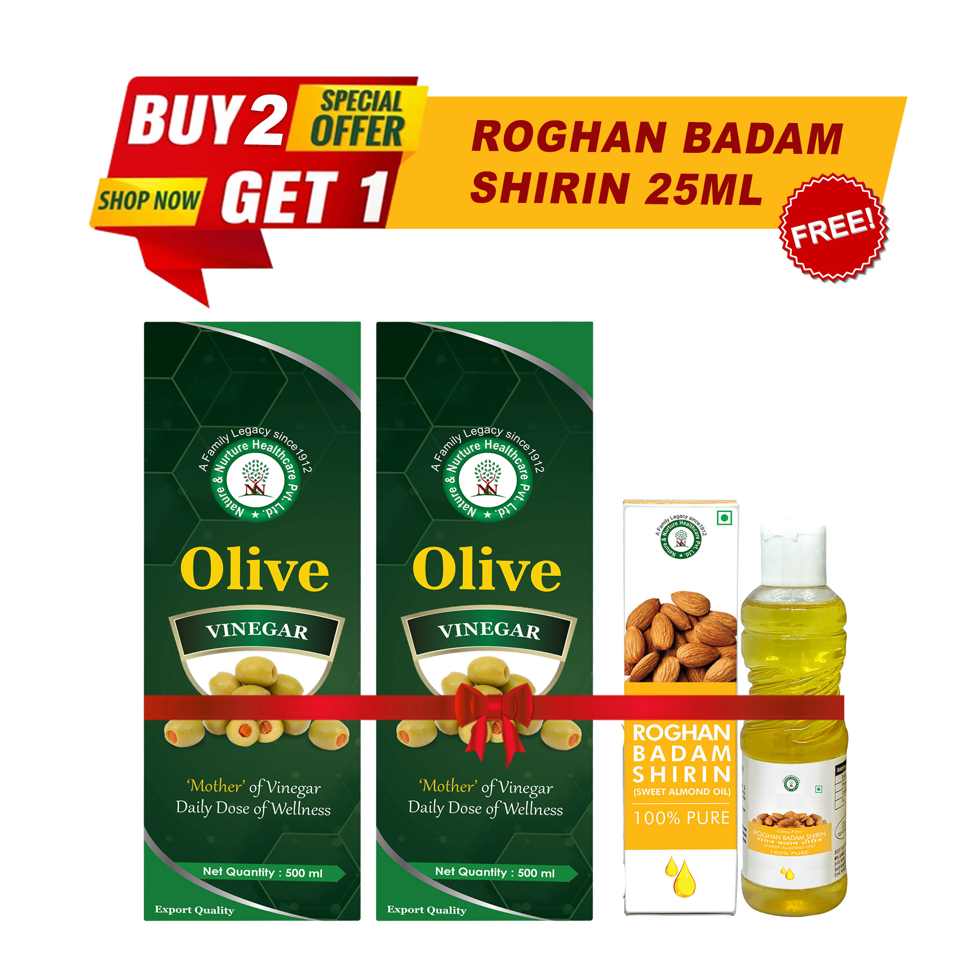 BUY 2 OLIVE VINEGAR GET 1 BADAM OIL 25 ML FREE